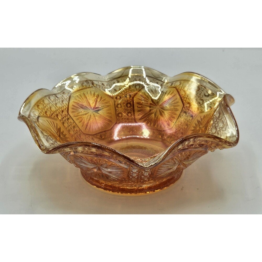 Imperial Star and File Marigold Carnival Glass Ruffled Smooth Bowl 6.5” Wide